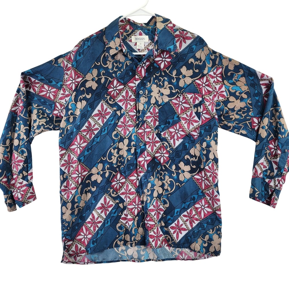 BOGARI‎ Silk Button Down Long Sleeve Shirt Abstract Floral Print Blue Red Mens M
